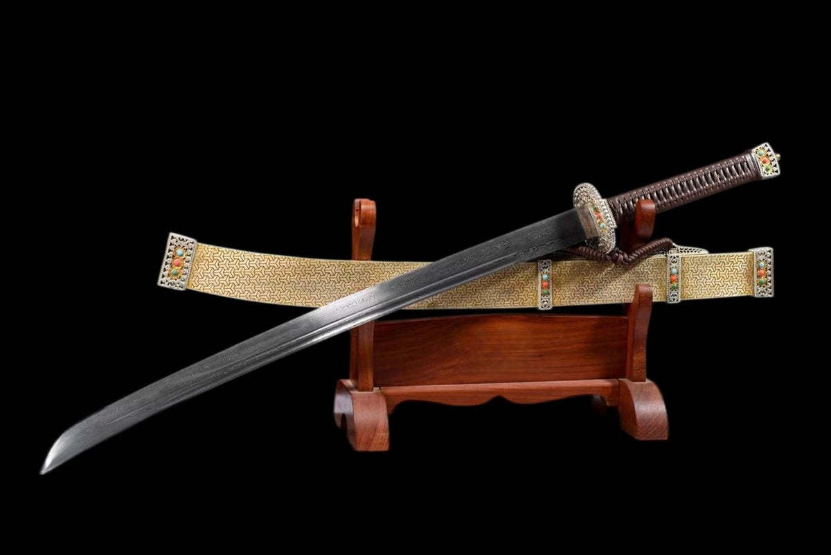 Full Tang Golden Talisman Saber, Hand Carved Two-Tone Copper Fittings, Solid Wood Handle Wrapped with Cord, Damascus Steel Sharp Edge, Pure Copper Wrapped Solid Wood Scabbard, Chinese Collectible Sword