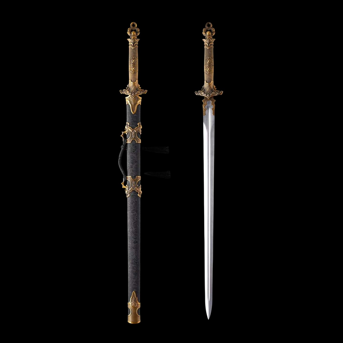 Sharp Blade Chinese Straight Sword, High‑Manganese Steel Blade, Integrated Alloy Handle, Wood Scabbard With Dragon‑Embossed Faux Leather, Historical Collectible Sword