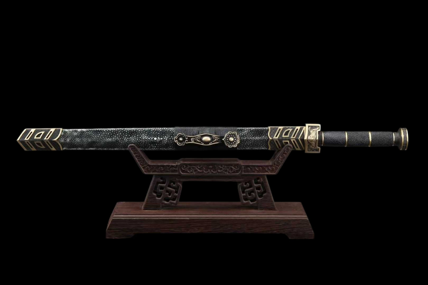 20‑Inch Black Ray‑Skin Ruyi Chinese Jian, Full Tang Construction, Sharp Blade, Hand Forged Damascus Steel Blade, Aged Solid Copper Fittings, Genuine Ray‑Skin Wrapped Scabbard, Historical Replica Collectible Sword
