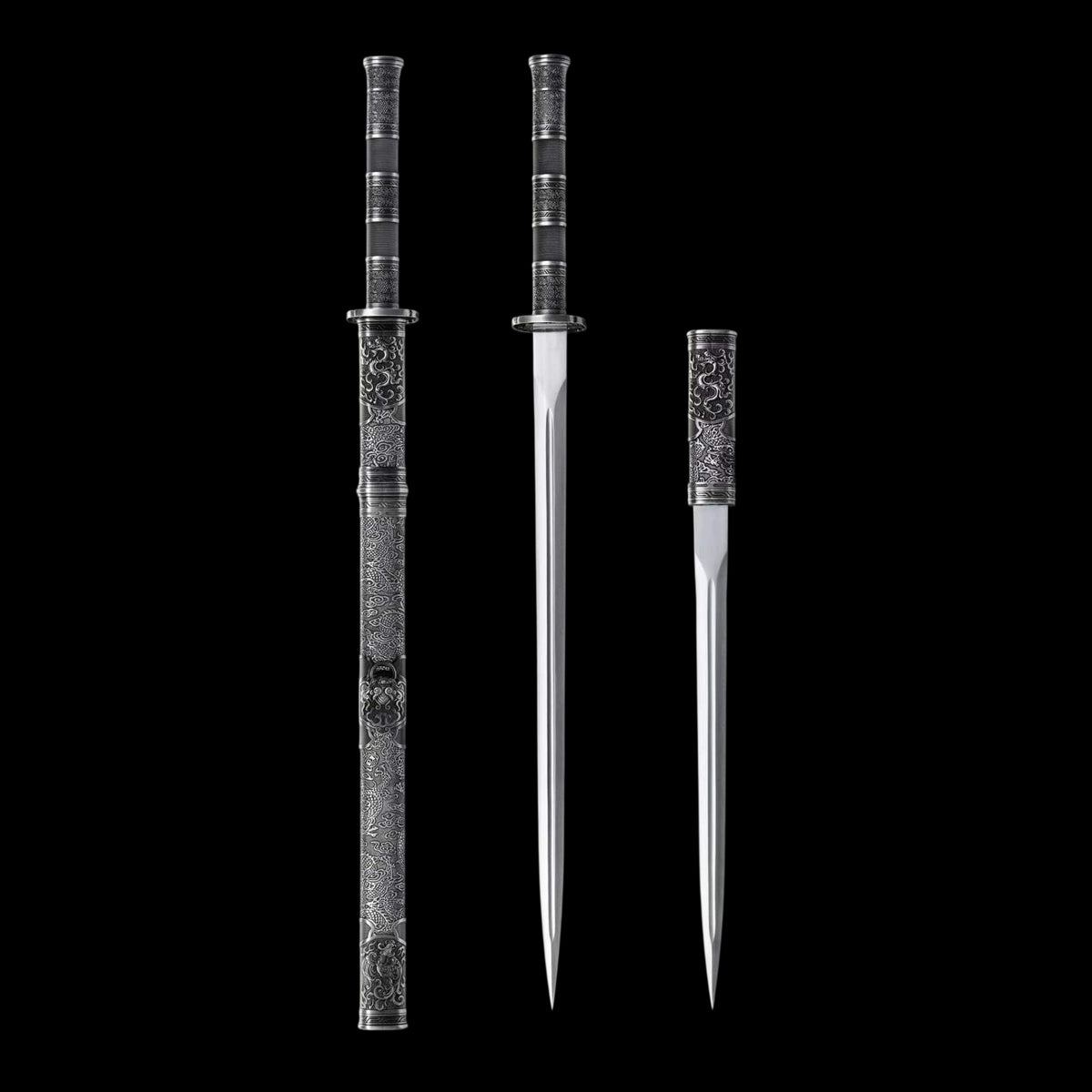 Full Tang Twin Dragon Mother & Son Sword Set, High Manganese Steel Chinese Double Sword, Sharp Blade, Antique Silver Carved Fittings, Decorative Collectible Sword