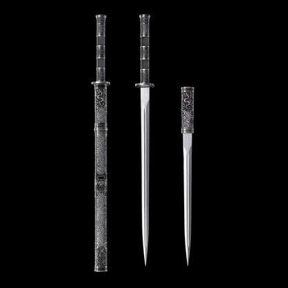 Full Tang Twin Dragon Mother & Son Sword Set, High Manganese Steel Chinese Double Sword, Sharp Blade, Antique Silver Carved Fittings, Decorative Collectible Sword