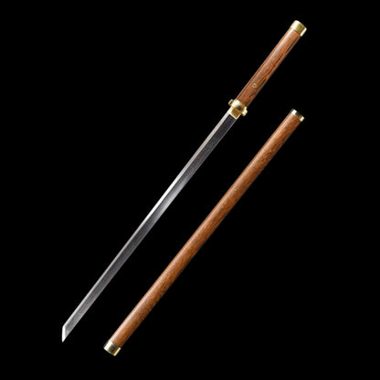 Straight Chinese Tang Dao, Full Tang Construction, Hand-Forged Damascus Steel Blade, Sharp Edge, Hand Polished, Brass Fittings, Premium Wenge Wood Scabbard & Handle, Collectible Chinese Sword