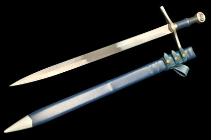 Full Tang 5160 Spring Steel Forged Sharp Single Hand Short European Sword, Blue Hilt with Leather Scabbard