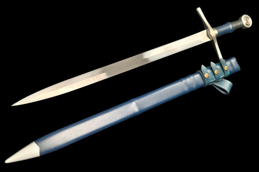 Full Tang 5160 Spring Steel Forged Sharp Single Hand Short European Sword, Blue Hilt with Leather Scabbard