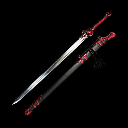 Blazing Dragon Soul Sword, One‑Piece Metal Handle, **Full Tang Construction, Sharp Blade**, Forged High‑Manganese Steel Blade, Red Alloy Dragon Fittings, Solid Wood Scabbard Wrapped in Artificial Leather, Chinese Fantasy Collectible Sword