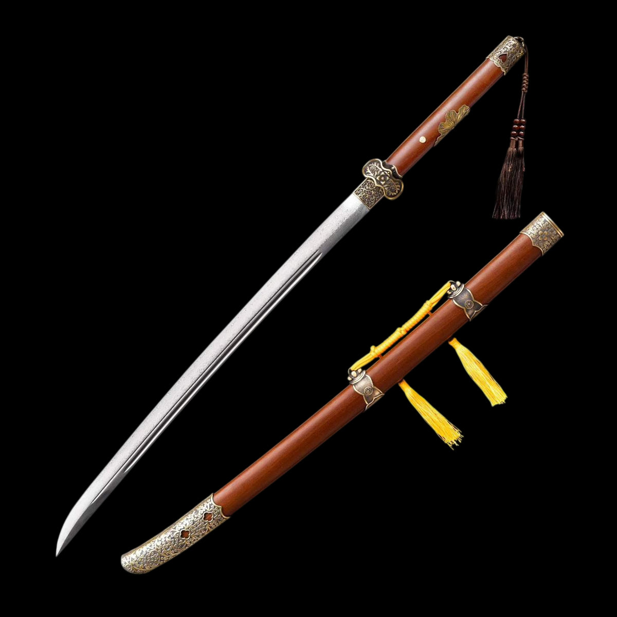 Full Tang Ding Baiying Chinese Sword, Forged Damascus Steel Sharp Blade, Brass Engraved Fittings, Dragon Phoenix Sandalwood Scabbard, Collectible Wuxia Sword