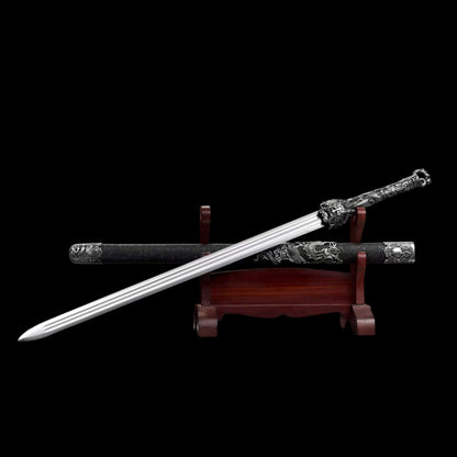 Coiled‑Dragon Ring‑Pommel Jian, Full Tang Construction, Sharp Blade, Forged High‑Manganese Steel Double Fuller Blade, Alloy Dragon‑Carved Fittings, One‑Piece Metal Handle, Solid‑Wood Faux‑Leather Wrapped Scabbard, Historical Chinese Collectible Sword