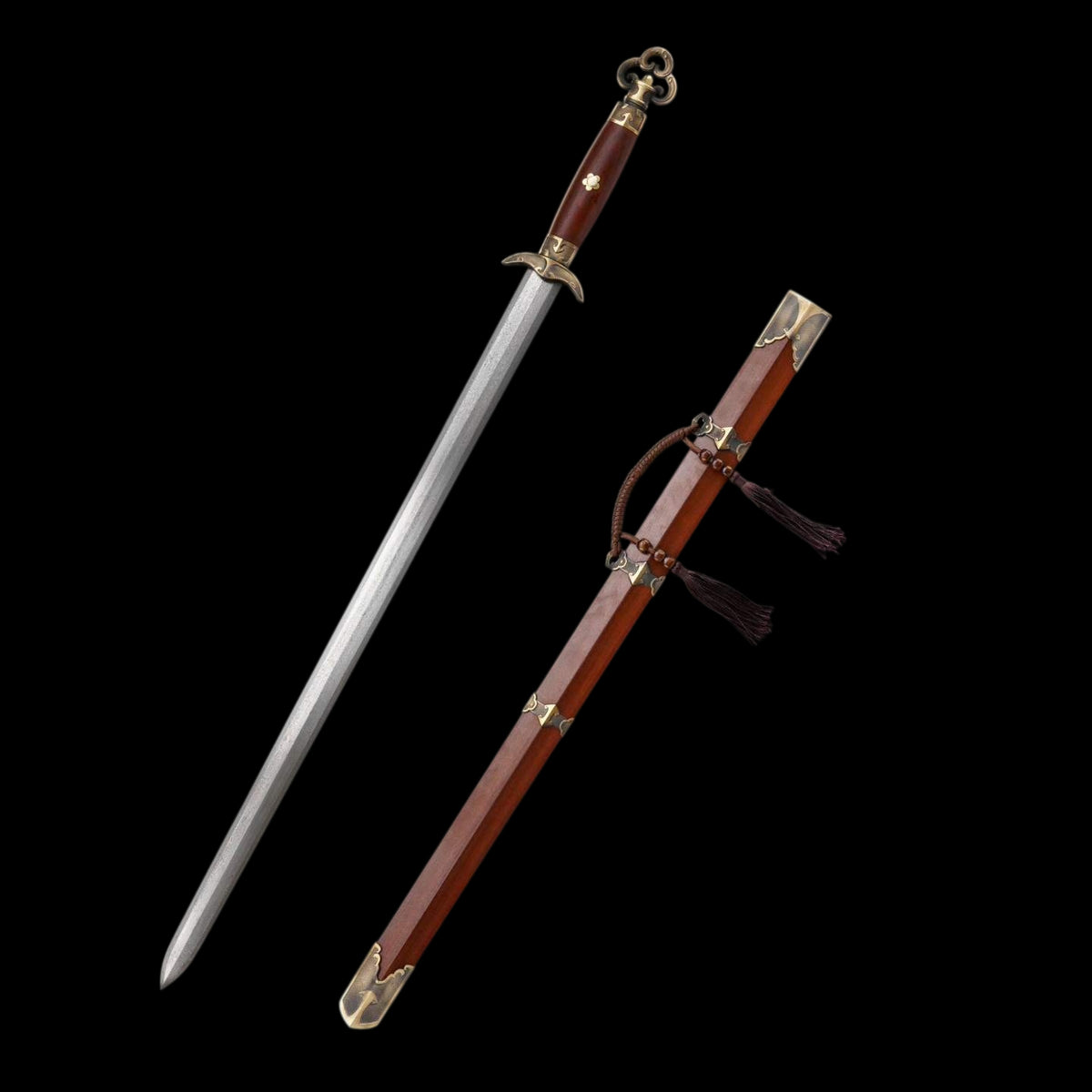 Hanchuan Song Dynasty Chinese Sword, Full Tang Construction, Sharp Blade, Eight‑Sided Forged Damascus Steel, Antique Bronze Cloud‑Pattern Fittings, Premium Dragon‑Phoenix Hardwood Handle And Scabbard, Historical Collectible Sword