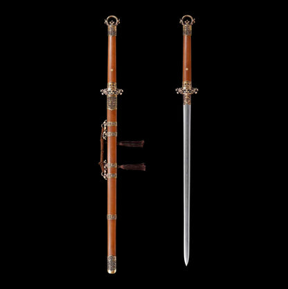 Autumn-Water Tang Sword, Full Tang Construction, Sharp Blade, Forged Damascus Steel, Brass Fittings, Premium Dragon-Phoenix Hardwood Handle And Scabbard, Ancient Chinese Heroic Replica Sword