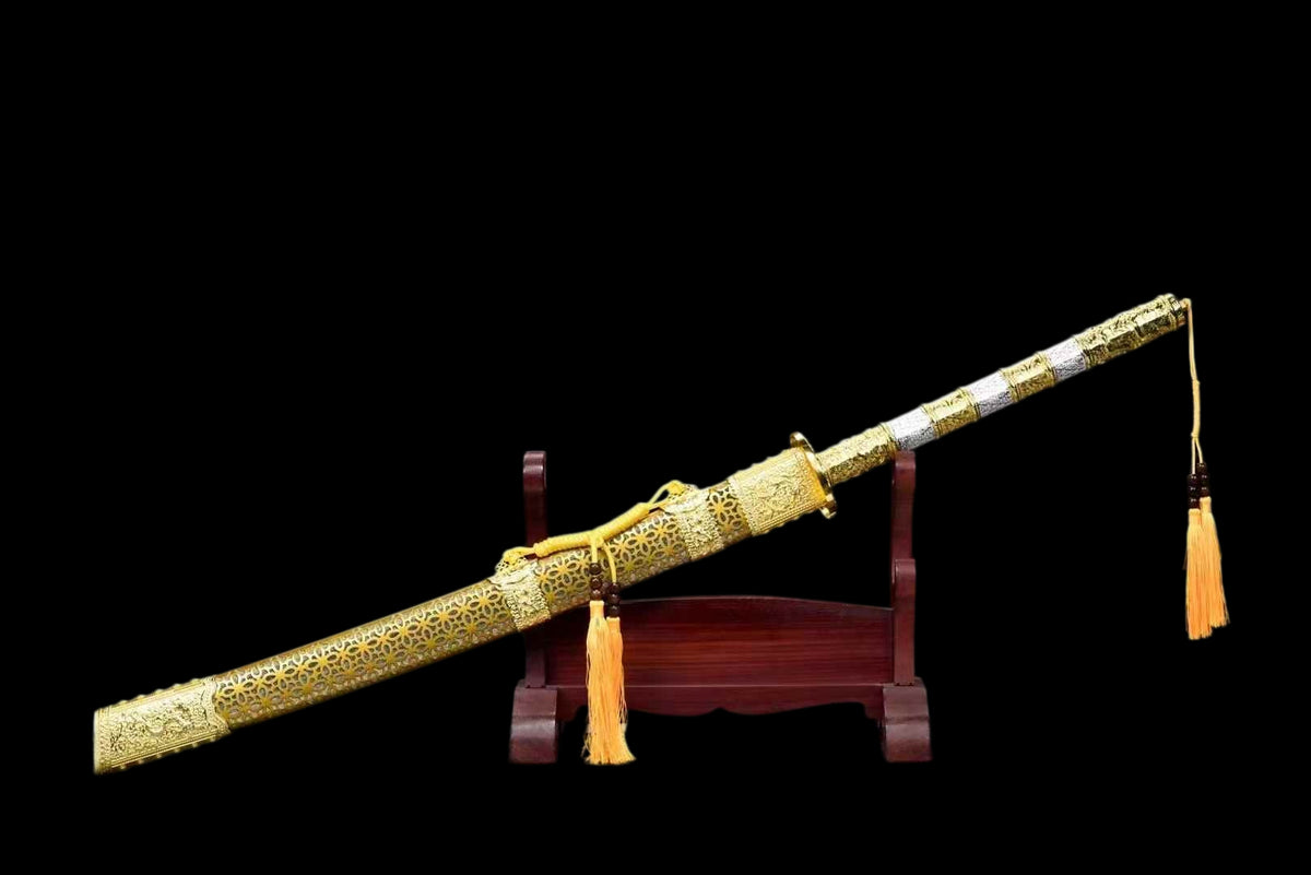 Kangxi Emperor Battle Dao, Full Tang Construction, High Manganese Steel Blade, Sharp Edge, Golden Alloy Luxury Fittings, Solid Wood Relief Scabbard, Collectible Decorative Chinese Sword