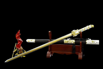 Dragon‑King Chinese Sword, Full Tang Construction, Sharp Blade, High‑Manganese Steel Eight‑Sided Blade With Engraved Gilded Pattern, Zinc Alloy Fittings, Premium Ebony Wood Scabbard, Myth‑Inspired Collectible Sword
