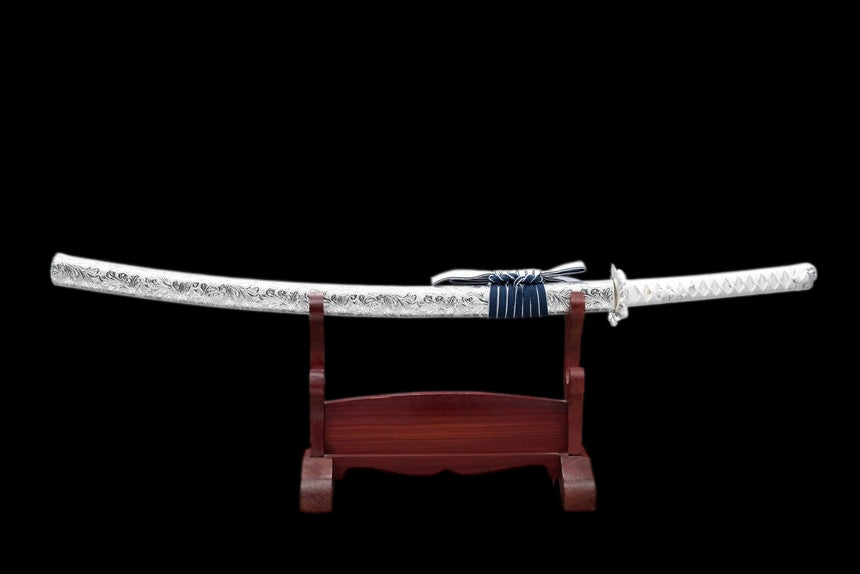 Qinghe Waming Katana, Full Tang Construction, High Manganese Steel Blade, Silver Alloy Lotus & Frog Fittings, Silver Artificial Leather Wrapped Solid Wood Scabbard, Collectible Decorative Sword