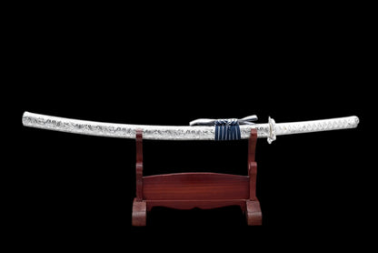 Qinghe Waming Katana, Full Tang Construction, High Manganese Steel Blade, Silver Alloy Lotus & Frog Fittings, Silver Artificial Leather Wrapped Solid Wood Scabbard, Collectible Decorative Sword