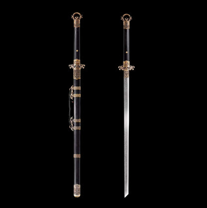Taotao Ring Pommel Tang Dao, Full Tang Construction, Forged Damascus Steel Blade, Sharp Edge, Brass Taotao Carved Fittings, Premium Dragon Phoenix Rosewood Scabbard & Handle, Collectible Decorative Chinese Sword