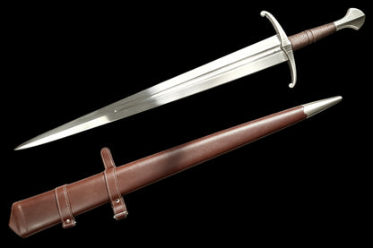 Medieval Knight Wide Blade One Hand Battle Sword Full Tang Forged Sharp Blade 65 Manganese Steel Vacuum Heat Treated Stainless Steel Fittings Wooden Core Leather Scabbard Collectible Replica Sword