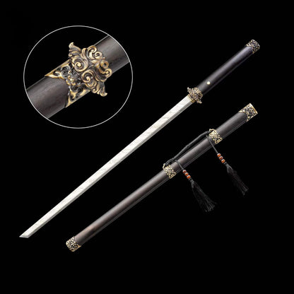 Full Tang Dao Replica, Sharpened Blade, Twist Pattern Damascus Steel Forged, Dragon‑Phoenix Sandalwood Scabbard & Handle, Brass Fittings Collectible Sword