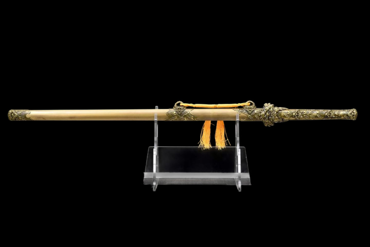 Full Tang Dragon Guardian Saber, Antique Bronze Dragon Alloy Fittings, Damascus Steel Sharp Edge, Antique Bronze Finished Solid Wood Scabbard, Chinese Collectible Sword
