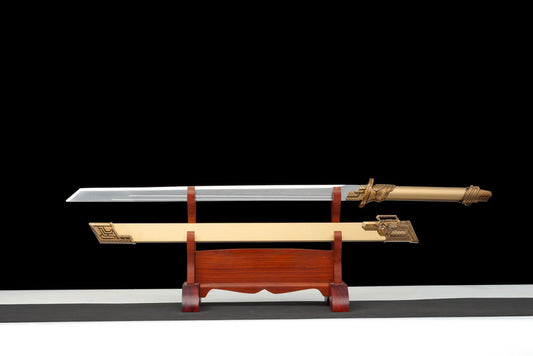 Cream Cyberpunk Tang Dao Full Tang Forged Steel Blade, Relatively Sharp Straight Sword with Imitation Bronze Tech Fittings Aluminum Alloy Scabbard for Cosplay Display Collection