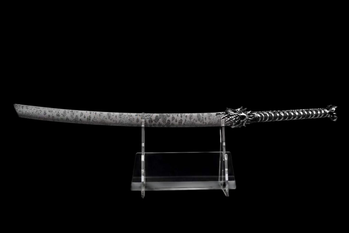 Dragon Roar Mystic Scale, Damascus Steel Forged Blade, Alloy Dragon Fittings, Full Tang Construction, Sharp Edge, Collectible Decorative Sword