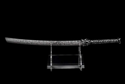 Dragon Roar Mystic Scale, Damascus Steel Forged Blade, Alloy Dragon Fittings, Full Tang Construction, Sharp Edge, Collectible Decorative Sword