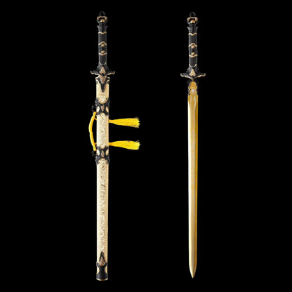Sacred‑Will Haoyue Replica Sword, Full Tang High‑Manganese Steel Blade, Integrated Alloy Metal Handle, Wood Scabbard With Faux‑Leather Wrapping, Historical Decorative Replica