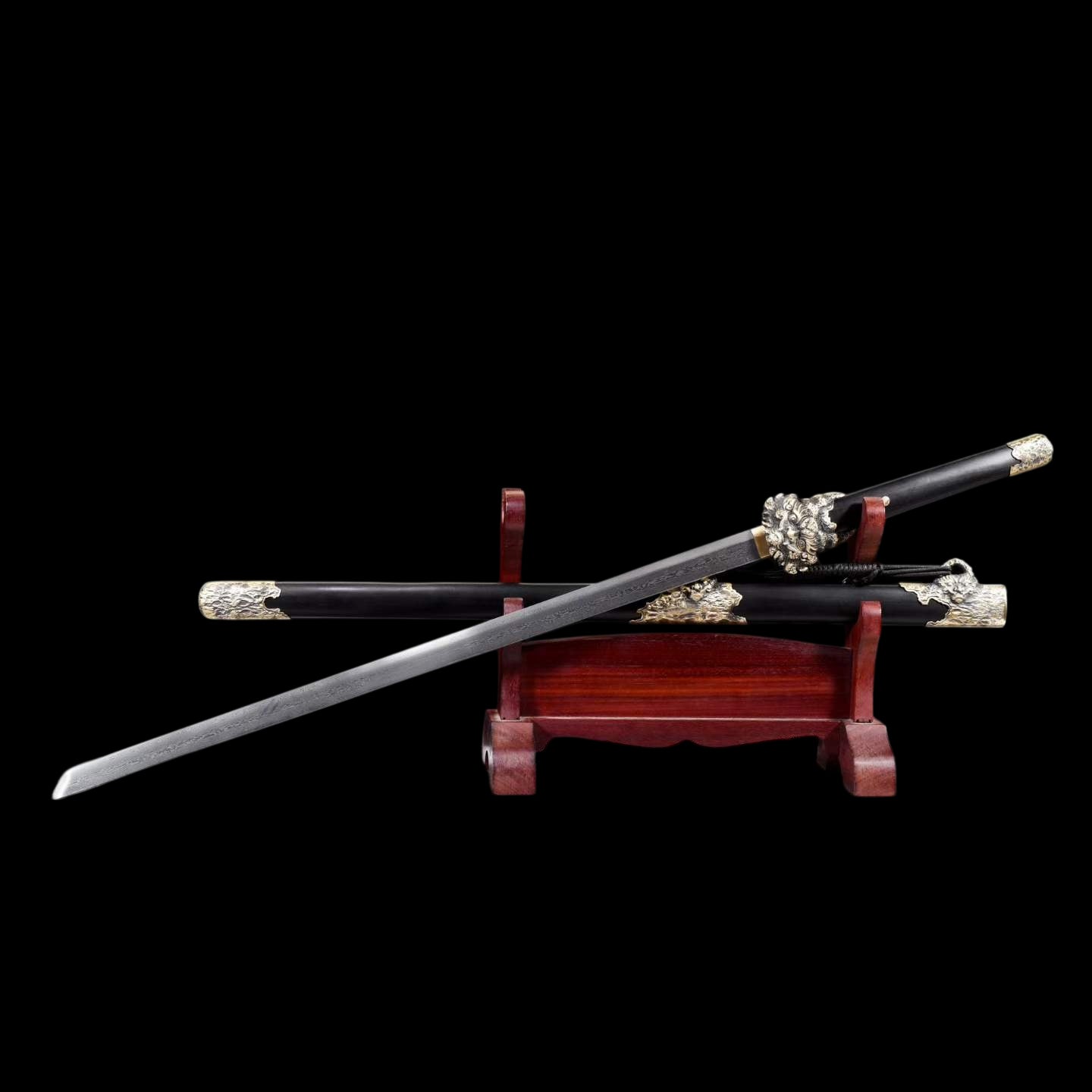 Suanni Tang Dao, Full Tang Construction, Sharp Blade, Damascus Steel Forged Blade, Premium Ebony Wood Handle And Scabbard, Historical Replica Collectible Sword