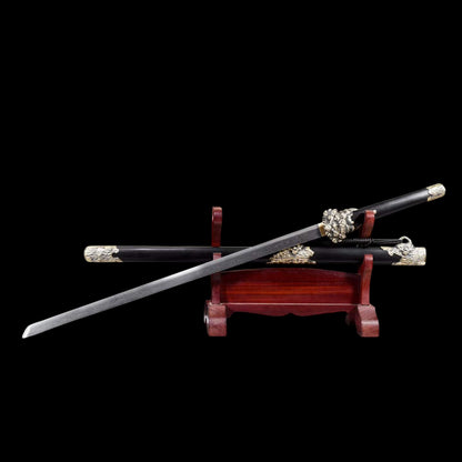 Suanni Tang Dao, Full Tang Construction, Sharp Blade, Damascus Steel Forged Blade, Premium Ebony Wood Handle And Scabbard, Historical Replica Collectible Sword