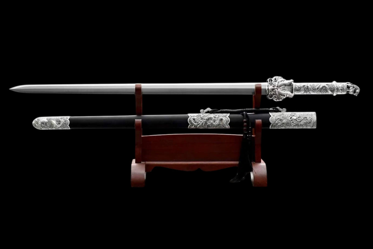 Cang‑Lan Dragon Sovereign Jian, Full Tang Construction, Sharp Blade, High Manganese Steel Octahedral Blade, Alloy Dragon‑Wave Fittings, Premium Ebony Wood Scabbard, Historical Collectible Chinese Sword