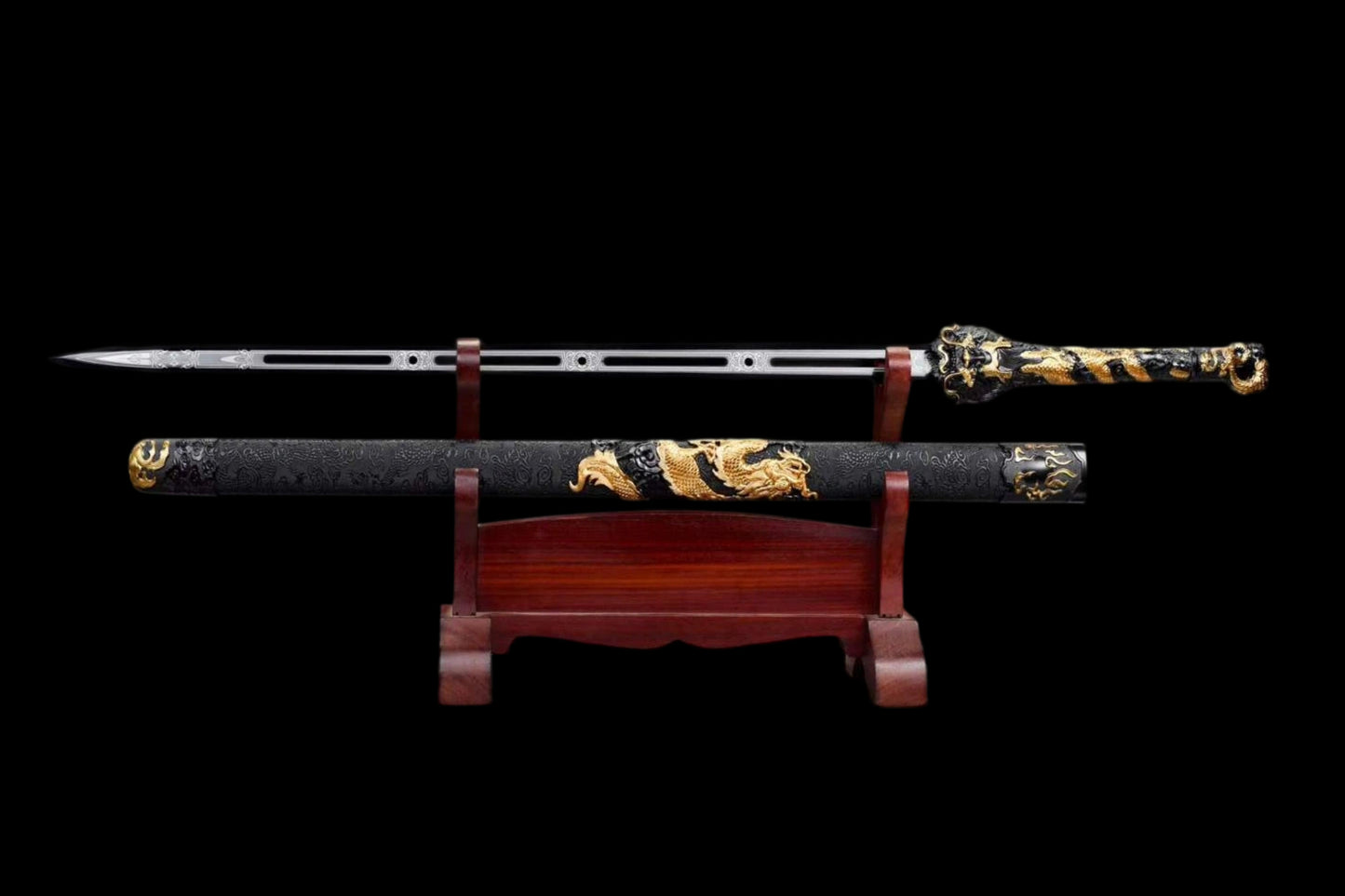 Cang‑Lan Dragon Sky Sword, High‑Manganese Steel Hollow Groove Blade, Full Tang Metal Hilt, Wood Artificial Leather Scabbard Collectible Chinese Sword