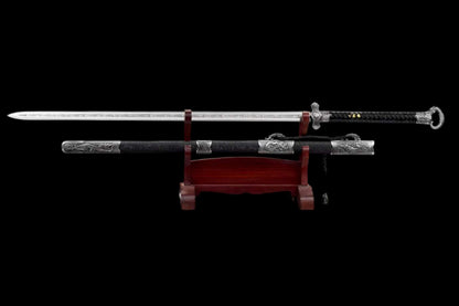 Cold‑Ruins Ring‑Pommel Two‑Handed Chinese Sword, Full Tang, Sharp Blade, High‑Manganese Steel, Alloy Fittings, Wood Handle Wrapped With Leather, Wood Artificial Leather Scabbard Collectible Sword