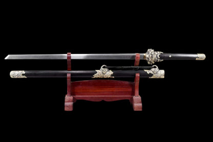 Suanni Tang Dao, Full Tang Construction, Sharp Blade, Damascus Steel Forged Blade, Premium Ebony Wood Handle And Scabbard, Historical Replica Collectible Sword
