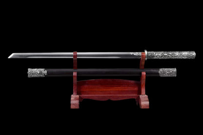 Lie‑Kong Tang Dao, Full Tang Construction, Sharp Blade, High‑Manganese Steel With Single Fuller, Alloy Fittings, Premium Dragon‑Phoenix Hardwood Scabbard, Historical Replica Collectible Sword