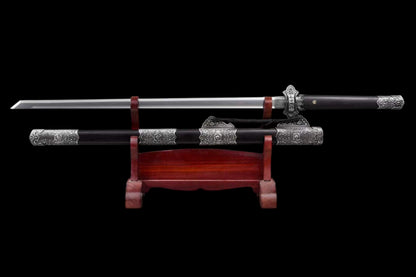 Jin‑Shuang Tang Dao, Full Tang Construction, Sharp Blade, High‑Manganese Steel Blade, Zinc‑Alloy Peony Engraved Fittings, Premium Ebony Wood Handle And Scabbard, Historical Replica Collectible Sword