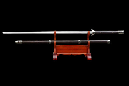 Plain‑Fitted White Copper Ingot Two‑Handed Chinese Jian, Full Tang Construction, Sharp Blade, Hand Forged Damascus Steel Blade, Premium Ebony Wood Handle And Scabbard, Historical Replica Collectible Sword