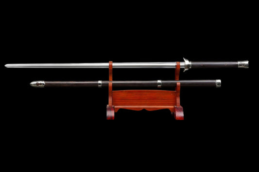 Plain‑Fitted White Copper Ingot Two‑Handed Chinese Jian, Full Tang Construction, Sharp Blade, Hand Forged Damascus Steel Blade, Premium Ebony Wood Handle And Scabbard, Historical Replica Collectible Sword