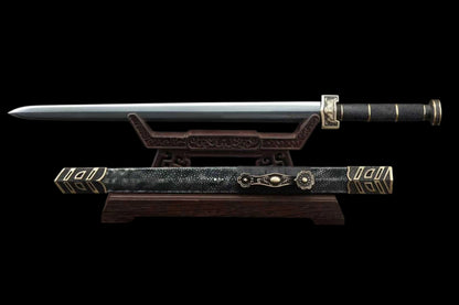 20‑Inch Black Ray‑Skin Ruyi Chinese Jian, Full Tang Construction, Sharp Blade, Hand Forged Damascus Steel Blade, Aged Solid Copper Fittings, Genuine Ray‑Skin Wrapped Scabbard, Historical Replica Collectible Sword