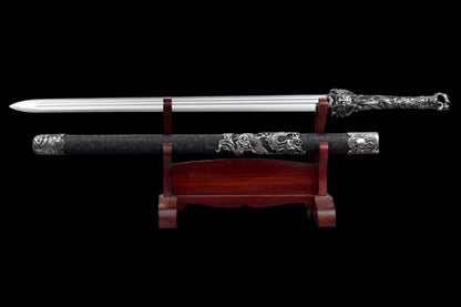 Coiled‑Dragon Ring‑Pommel Jian, Full Tang Construction, Sharp Blade, Forged High‑Manganese Steel Double Fuller Blade, Alloy Dragon‑Carved Fittings, One‑Piece Metal Handle, Solid‑Wood Faux‑Leather Wrapped Scabbard, Historical Chinese Collectible Sword