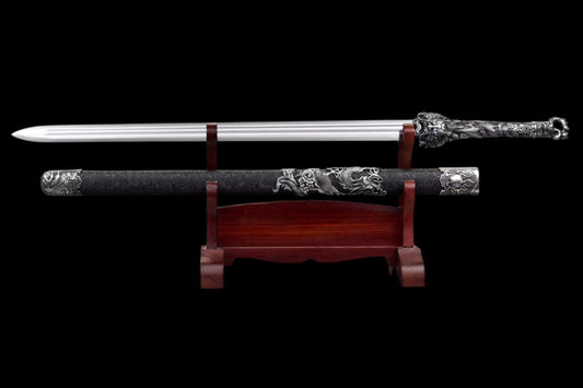 Coiled‑Dragon Ring‑Pommel Jian, Full Tang Construction, Sharp Blade, Forged High‑Manganese Steel Double Fuller Blade, Alloy Dragon‑Carved Fittings, One‑Piece Metal Handle, Solid‑Wood Faux‑Leather Wrapped Scabbard, Historical Chinese Collectible Sword