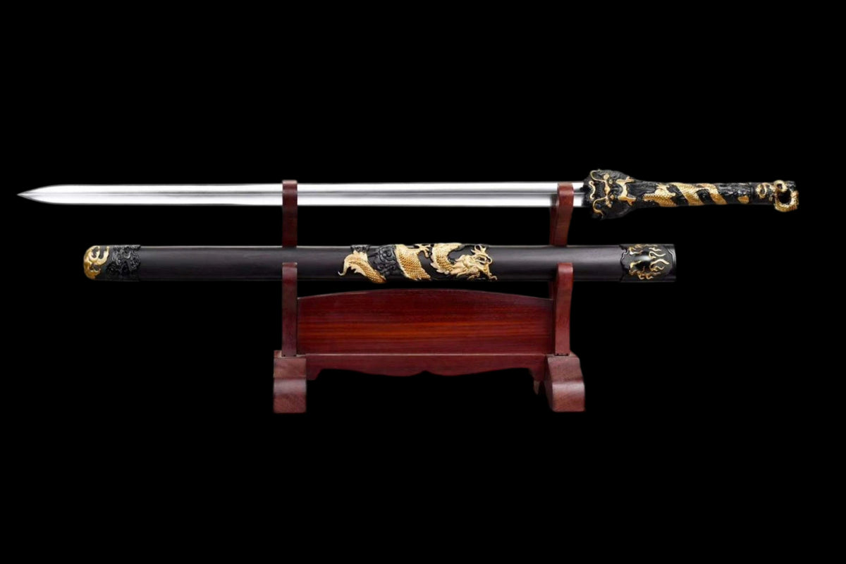 Dragon Theme Chinese Sword, High Manganese Steel Forged, Full Tang, Sharp Blade, Mirror Polished Convex Blade, Ebony Scabbard Collectible Decorative Sword