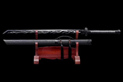 Thunder Tribulation Blade, Full Tang Construction, Forged High Manganese Steel, Sharp Edge, Alloy Fittings, Cord Wrapped Solid Wood Handle, Artificial Leather Wrapped Solid Wood Scabbard, Collectible Decorative Sword