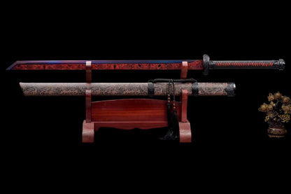 Thunder Tribulation Blade, Full Tang Construction, Forged High Manganese Steel, Sharp Edge, Alloy Fittings, Cord Wrapped Solid Wood Handle, Artificial Leather Wrapped Solid Wood Scabbard, Collectible Decorative Sword