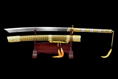 Kangxi Emperor Battle Dao, Full Tang Construction, High Manganese Steel Blade, Sharp Edge, Golden Alloy Luxury Fittings, Solid Wood Relief Scabbard, Collectible Decorative Chinese Sword