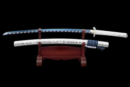 Qinghe Waming Katana, Full Tang Construction, High Manganese Steel Blade, Silver Alloy Lotus & Frog Fittings, Silver Artificial Leather Wrapped Solid Wood Scabbard, Collectible Decorative Sword