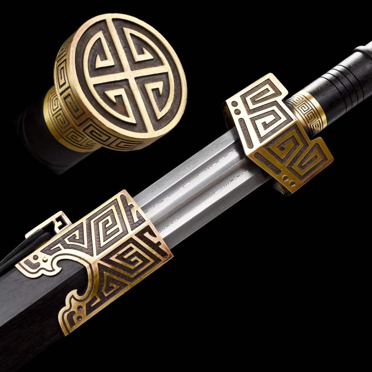 King Qin Jian, Full Tang Construction, Hand-Forged Damascus Steel Blade, Sharp Edge, Hand Polished, Brass Fittings, Premium Dragon Phoenix Hardwood Scabbard & Handle, Collectible Chinese Han Sword