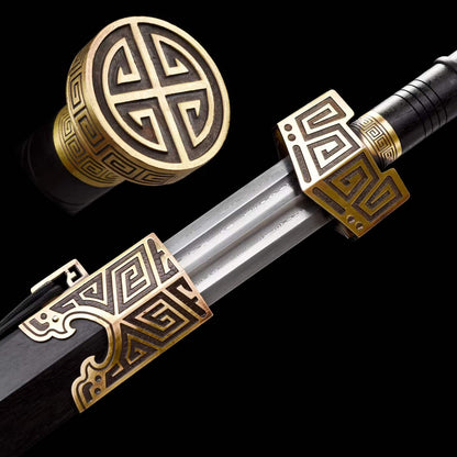 King Qin Jian, Full Tang Construction, Hand-Forged Damascus Steel Blade, Sharp Edge, Hand Polished, Brass Fittings, Premium Dragon Phoenix Hardwood Scabbard & Handle, Collectible Chinese Han Sword
