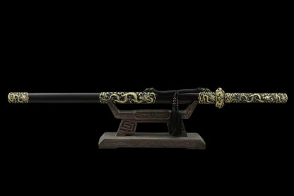 Rui Long Tang Dao, Damascus Steel Hand‑Forged Blade, Brass Intricately Carved Aged Fittings, Premium Ebony Scabbard, Full‑Tang Construction, Sharp Edge, Collectible Decorative Tang Sword