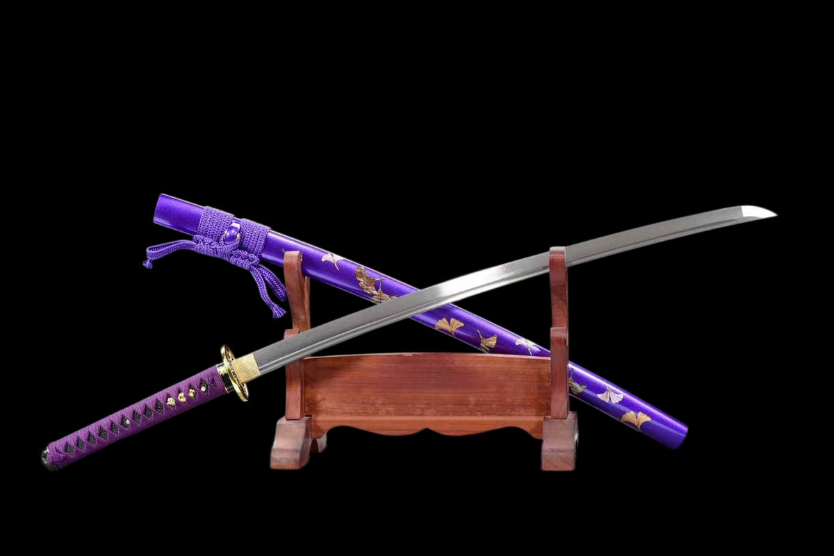 Purple Ginkgo Katana, Full Tang Construction, Forged Damascus Steel Blade, Sharp Edge, Lacquer Painted Solid Wood Scabbard, Collectible Decorative Japanese Sword