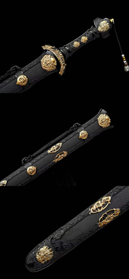 Golden Lion Chinese Jian, Full Tang Construction, Sharp Blade, Hand-Forged Damascus Steel Blade, Alloy Gold-Plated Fittings, Wooden Scabbard Wrapped With Artificial Leather, Collectible Historical Chinese Sword
