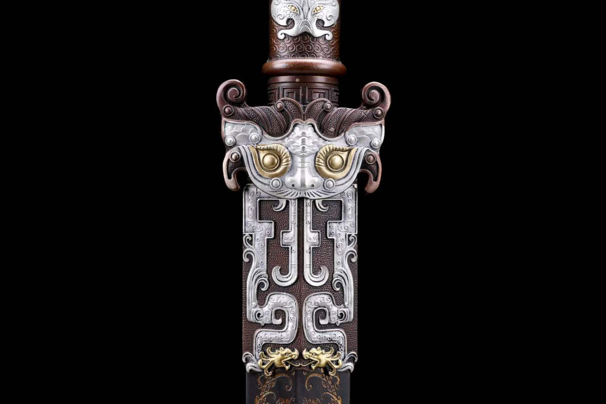 Taotie Ancient Han Jian, Full Tang, Sharp Blade, Hand‑Forged Damascus Steel Blade, Gilt‑Silver Solid Copper Handle & Fittings, Hand‑Carved Copper Scabbard, Ornate Taotie‑Beast Hardware, Collectible Chinese Sword