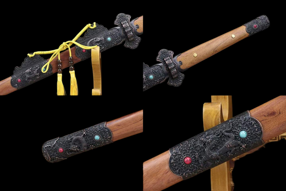 Dragon Pattern Tang Dao, Full Tang Construction, Sharp Blade, Hand-Forged Damascus Steel Blade, Zinc Alloy Fittings With Synthetic Gemstones, Old Sourwood Scabbard, Collectible Historical Chinese Sword